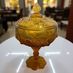Vintage Fenton Cabbage Rose 6 1/4" Tall Embossed Amber Glass Pedestal Candy Dish